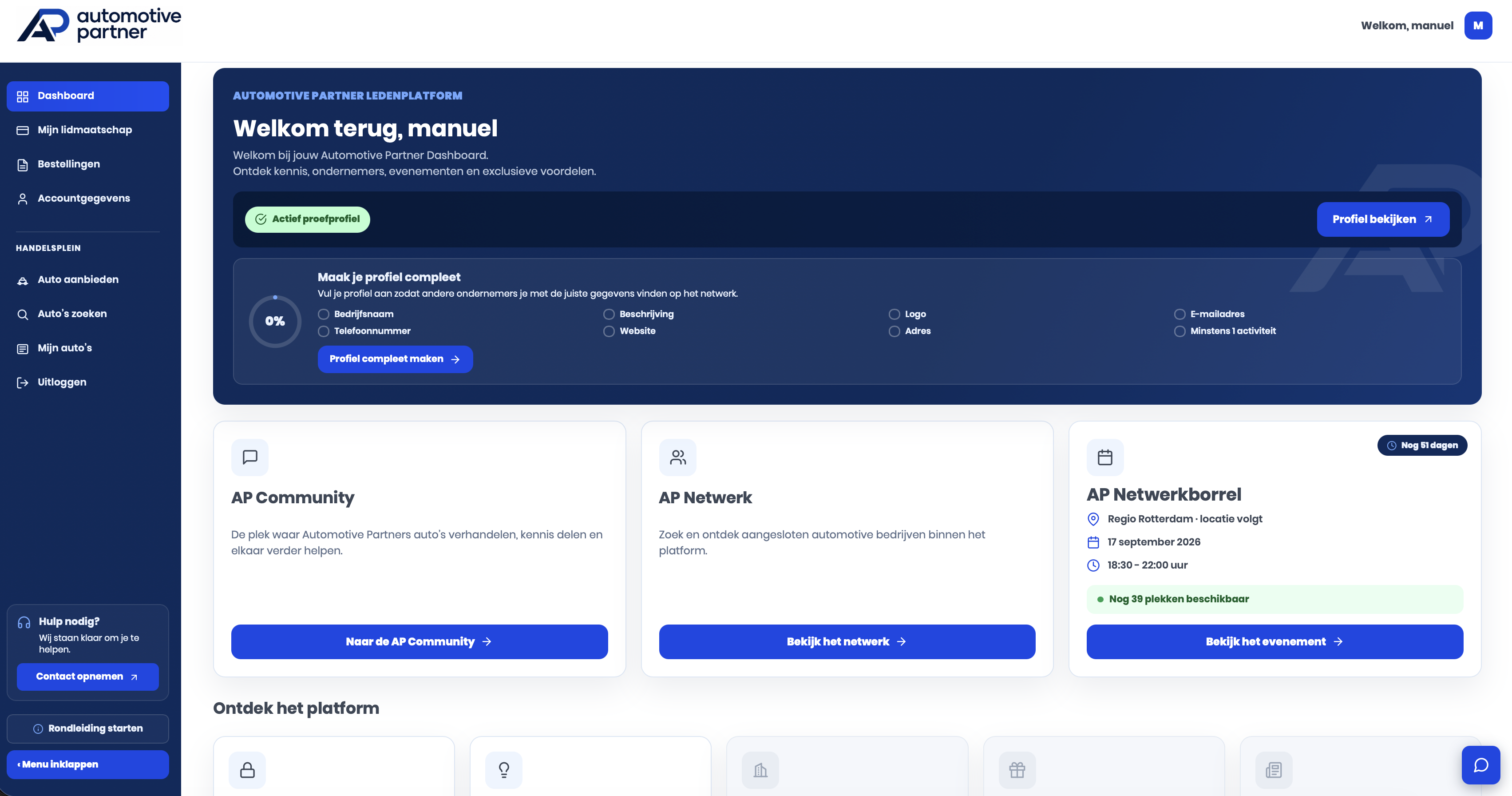 Voorbeeldweergave van het Automotive Partner ledendashboard
