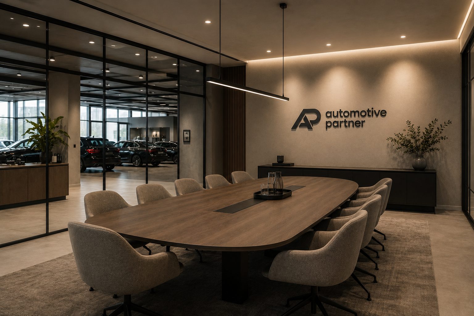 Ruime autoshowroom met voorraad en balie