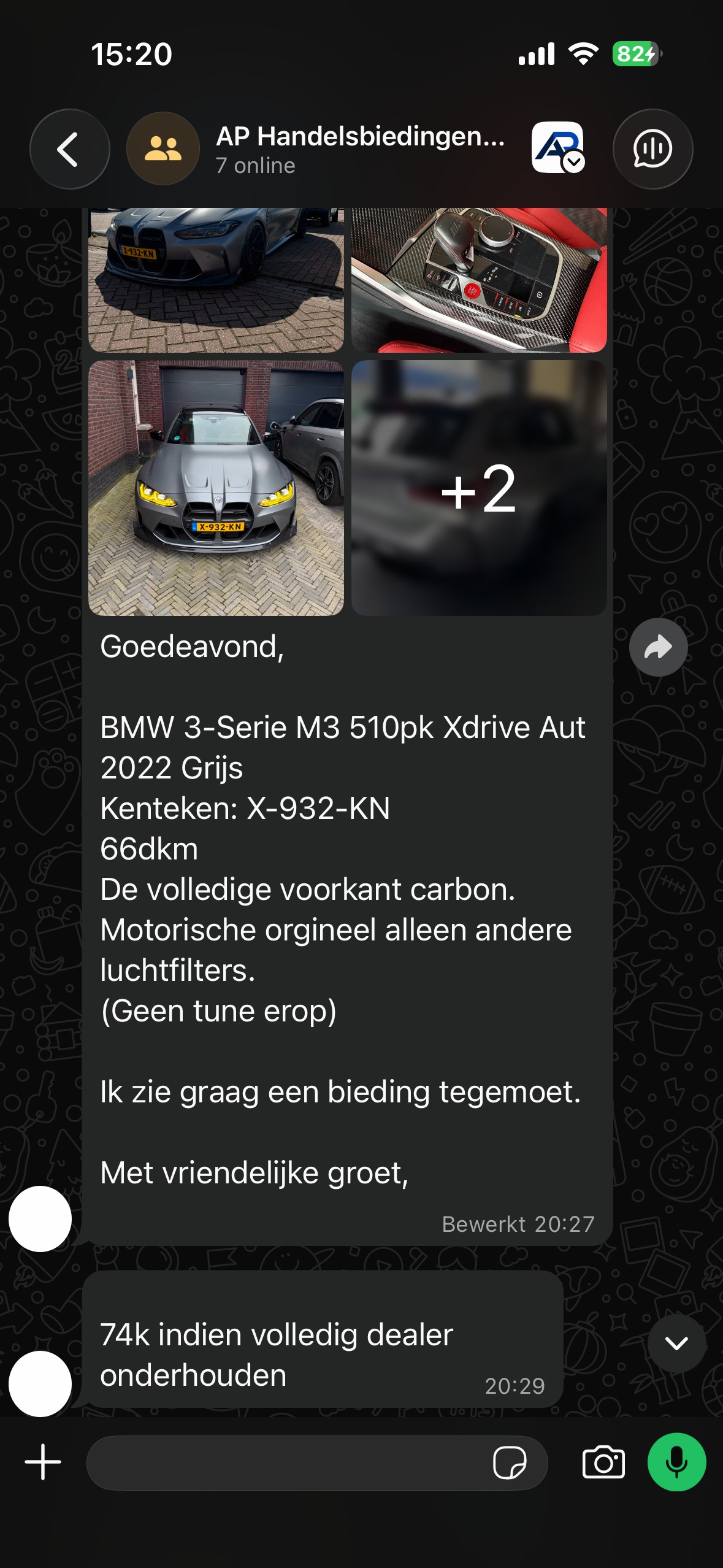 Bericht in een WhatsApp-handelscommunity van Automotive Partner met een aanbieding van een BMW M3