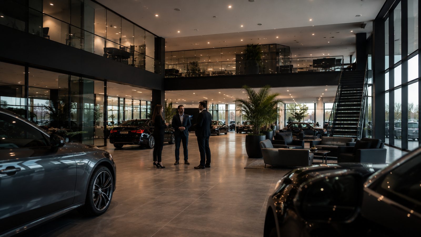 Ondernemers in gesprek in een ruime showroom