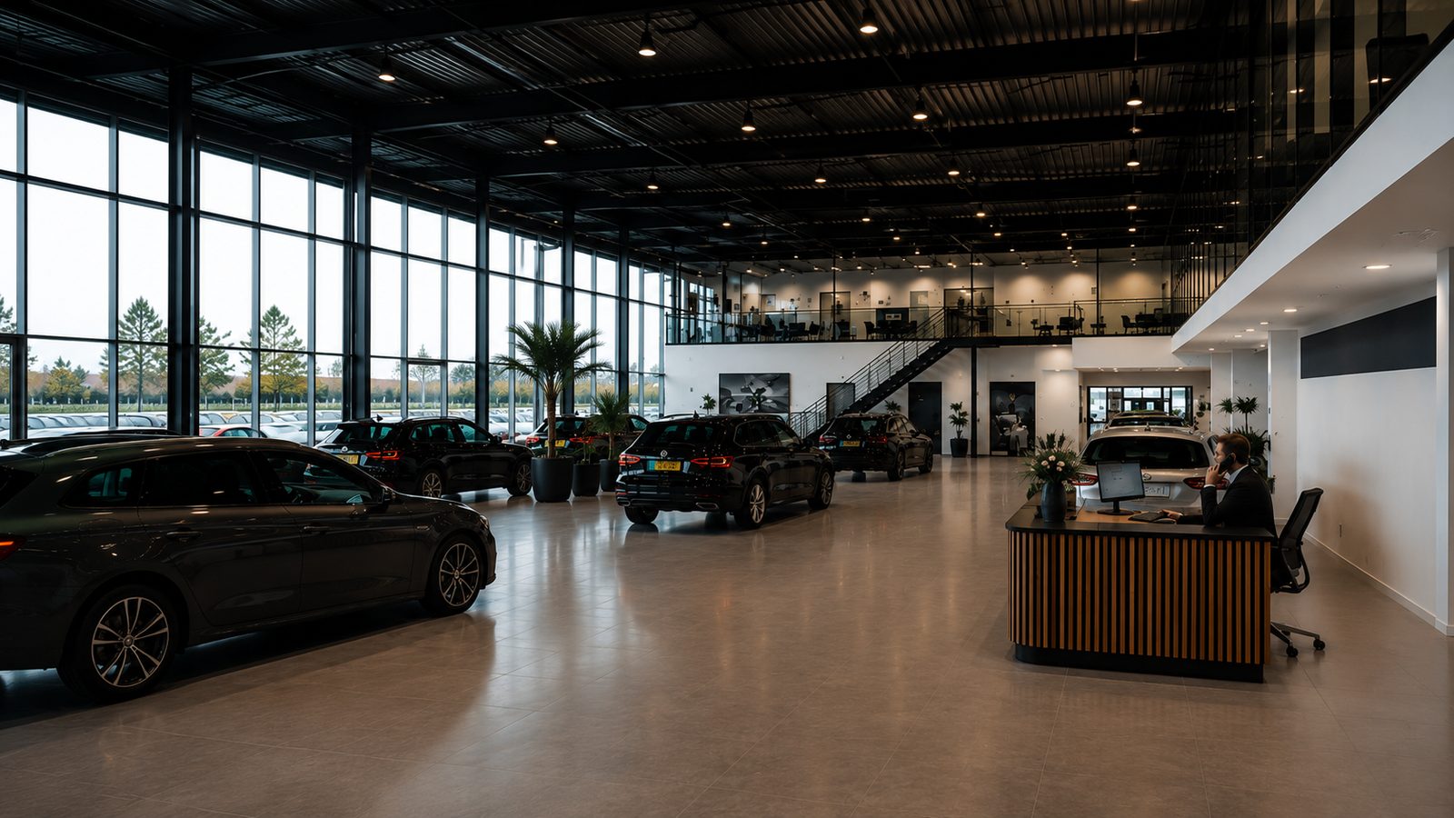 Showroom van een autobedrijf met voorraad occasions en een medewerker aan de balie